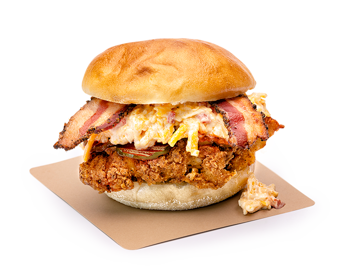 Pimento Cheesy Chicken Sandwich on white background