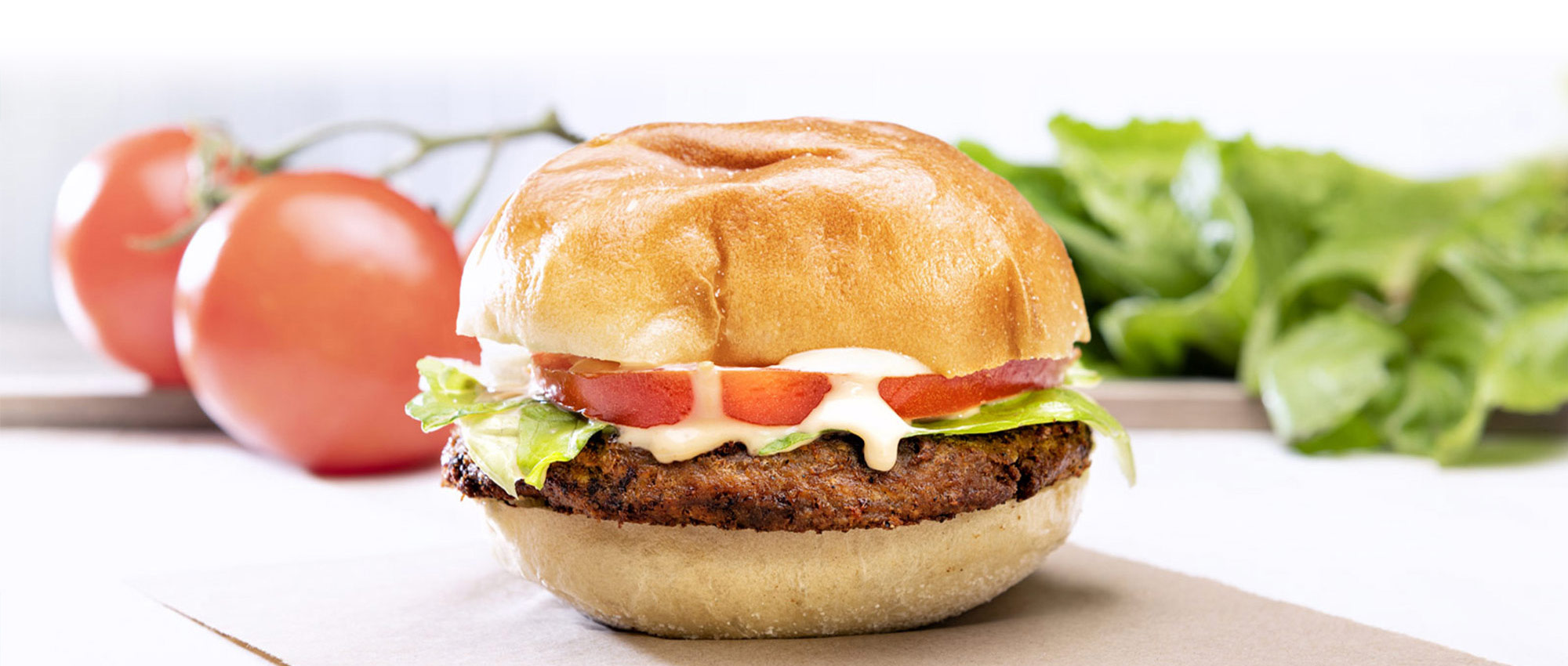 Non-Meat hamburger image with tomatoes and garnishes in background