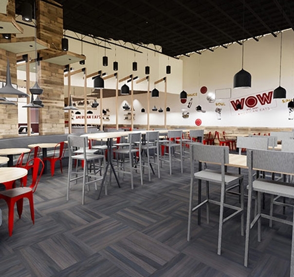 Rendering of the new American Eats location decor showing tables, chairs, and wall art