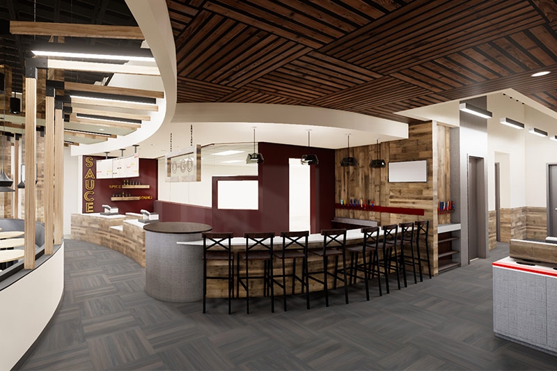 Rendering of new WOW American Eats showing the inside bar and bathroom area