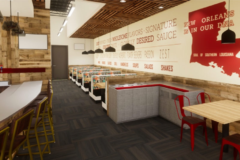 WOW American Eats rendering showing booths along a wall of inspirational quotes