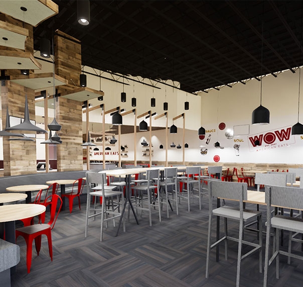 New WOW American Eats store rendering showing tables and chairs in the dining area